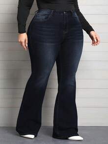 SHEIN CURVE+ جينز واسع مريح للنساء ذوات الأحجام الكبيرة، مزود بجيوب وأزرار، قابل للارتداء في المناسبات اليومية المتنوعة - أزرق بحري - مشاهدة 5
