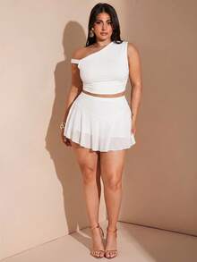 SHEIN BAE Set de 2 piezas para mujer de talla grande con top asimétrico con cuello verde oliva y volantes, y falda ajustada con volantes, conjunto para vacaciones - Blanco - Ver 2