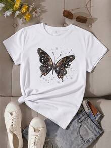 Camiseta de mujer de manga corta con cuello redondo, holgada, casual y versátil. Con estampado moderno, elegante y sofisticado de mariposas vivas, ideal como prenda básica; confeccionada en tela suave con excelente caída. - Blanco - Ver 2