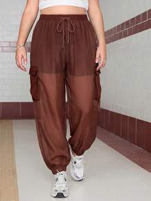 SHEIN EZwear 大码女式休闲运动抽绳腰带翻盖口袋轻薄透气慢跑工装裤 - 鏽棕色 - 查看 4