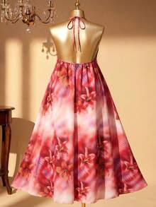 Rometta Plus Size Women Floral Print Casual Halter Neck Dress - Multicolor - View 2