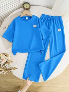 SHEIN Setelan 2 Potong untuk Anak Perempuan Remaja: Kaos Lengan Pendek Leher Bulat dan Celana Panjang, Kasual, Longgar, dan Nyaman - Biru - View 3