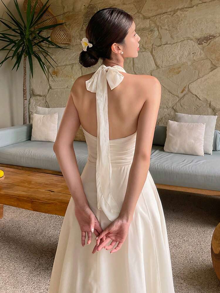 Women's Elegant Solid Color Pleated Halter Backless Mid-Length Dress, Summer