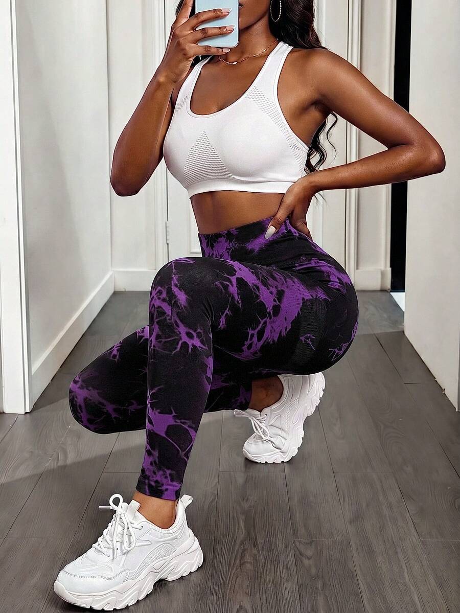 SHEIN Sports 扎染宽腰运动紧身裤瑜伽女裤 - 彩色 - 查看 1