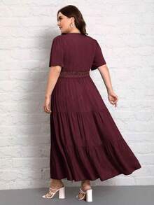 SHEIN VCAY Plus Size Solid Color V-Neck Short Sleeve Pleated Casual Long Dress - Red Violet - View 2