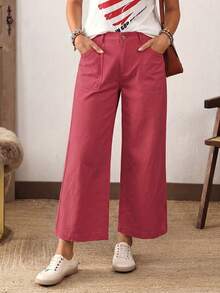 EMERY ROSE Plus Size Women Casual Loose Fit Wide Leg Jeans, Suitable For Vacation, Daily Commute - Red - View 7