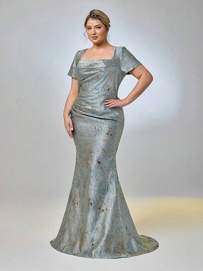 Serin Đầm dáng ôm, sang trọng, màu đen jacquard satin, cổ vuông, tay ngắn, xếp ly, chân váy đuôi cá, thích hợp cho tiệc tối, dạ hội, đám cưới, kỳ nghỉ, mẹ cô dâu, khách mời.