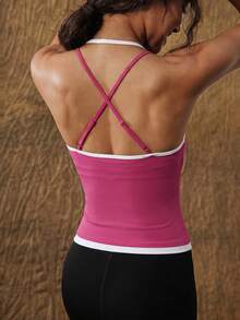 VARSIVA Fashionable And Simple Yoga Black And White Contrast Square Neck Spaghetti Strap Women's Sports T-Shirt & Vest - Hot Pink - View 2