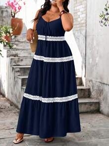 Tall Vestido sin mangas con cuello en V para mujer talla grande, versátil y de moda con ribete de encaje, de alta calidad y estilizador, adecuado para primavera/verano, uso casual y vacaciones - Azul 2 - Ver 5