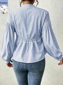 SHEIN LUNE 女士褶皱印花长袖纽扣衬衫，荷叶边上衣 - 藍白色 - 查看 2