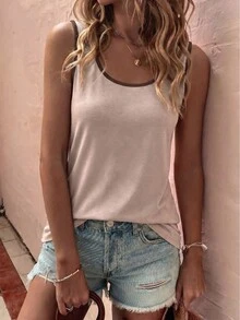 EMERY ROSE Model Terbaru Fashion Wanita Serbaguna Terlaris Atasan Tank Top Leher U Warna Kontras - Khaki - View 4
