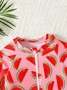 SHEIN Young Girl Cute & Cool Casual Beach Holiday Watermelon Fruit Pattern Contrast Color Raglan Sleeve One-Piece Swimsuit, Spring/Summer - Red - View 6