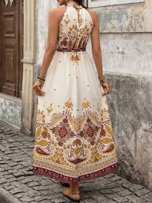 SHEIN Holidaya Đầm ngắn nữ mùa xuân/hè kiểu Bohemian retro in họa tiết Paisley, không tay, cổ đứng, eo thắt. - Màu Đỏ Sâu - Xem 2