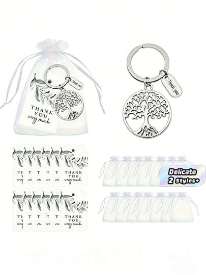 60 piezas, Juego de llaveros con diseño de árbol de la vida, que incluye: 20 tarjetas de agradecimiento con hojas verdes, 20 bolsas de organza blanca y 20 llaveros de metal hueco, un regalo ideal para la temporada de graduación, Acción de Gracias y el Día del Maestro