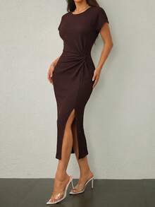 SHEIN Tall Marrón oscuro,Verano,Elegante,Vestido midi sin mangas con abertura alta y cintura retorcida elegante para citas,Atuendo casual texturizado ajustado para mujer invitada a boda y oficina,Mujeres altas - Marrón - Ver 4
