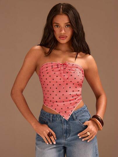 Athîral Women's Polka Dot Pattern Front Tie Sequin Bandeau Top