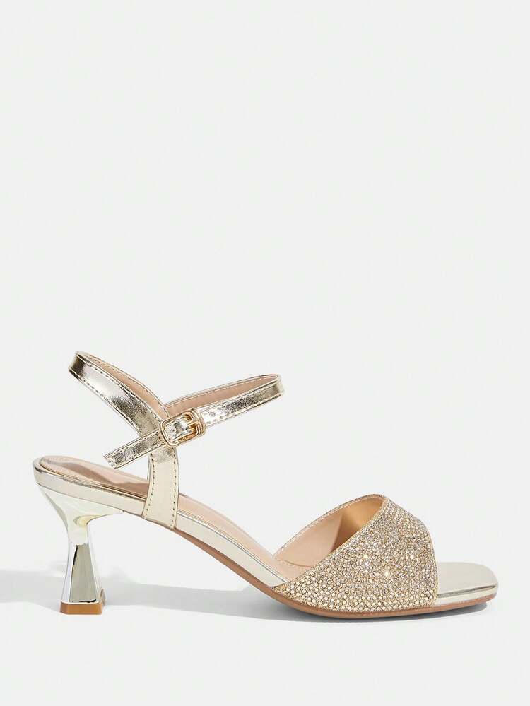 CUCCOO TILAWA Women's Fashion, Women's High-Heeled Sandals, Gold, Rhinestones, Glitter Material, Square Toe, Commute, Comfort, Indoor, Office, Street, Party, Travel, Vacation, Spring And Summer, Suitable For Dresses, Jeans, Shorts, Stiletto Slippers