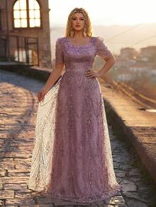 Glamrae Plus Size Dusty Pink Summer Elegant Formal Bridesmaid Prom Wedding Dress, Square Neck Short Sleeve Rhinestone & Pearl Decor A-Line Gala Dress - Dusty Pink - View 4