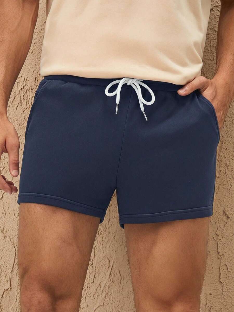 HIMLAND Solid Color Drawstring Pocket Casual Loose Knit Shorts, Versatile For Summer Daily Wear, Vacation, Father's Day Gifts - Navy Blue - View 1