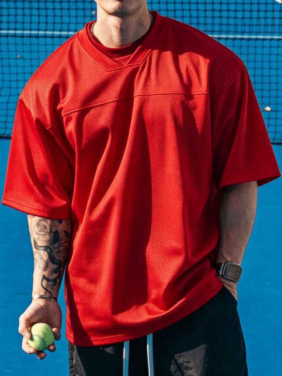 Gym Rark 男士休閒透氣短袖運動T恤,夏季、足球、健身、度假 - 紅色 - 查看 1