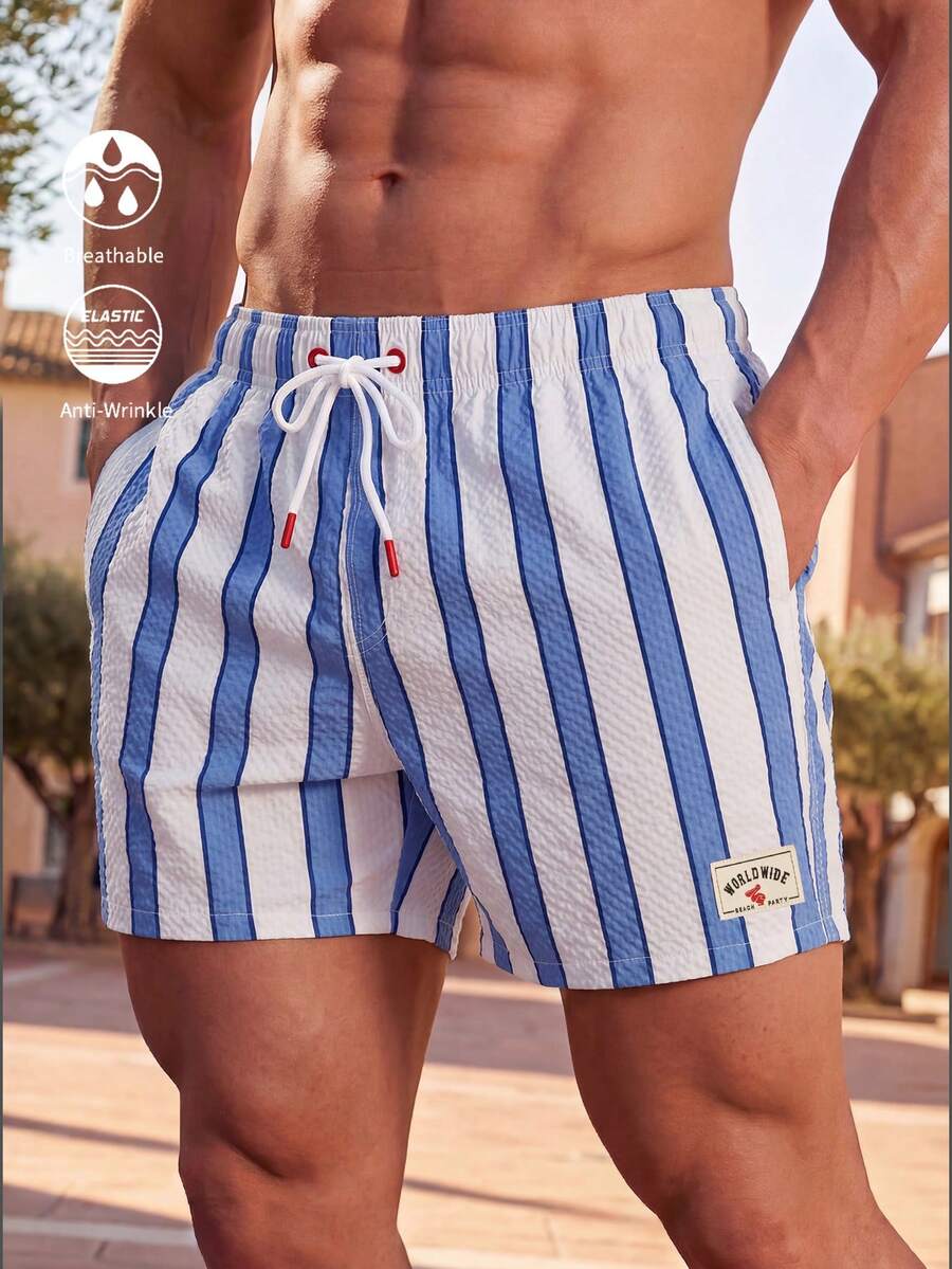 Manfinity KASUA Men's Summer Vacation Striped Textured Drawstring Waist Beach Shorts, Holiday - Blue and White - View 1