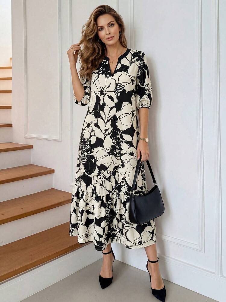 Mother's Day New Arrival Casual V-Neck Long Black Short Sleeve Printed Dress, Suitable For Daily Wear & Vacation