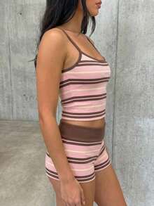SHEIN EZwear 女士条纹露脐吊带背心和短裤两件套 - 彩色 - 查看 4
