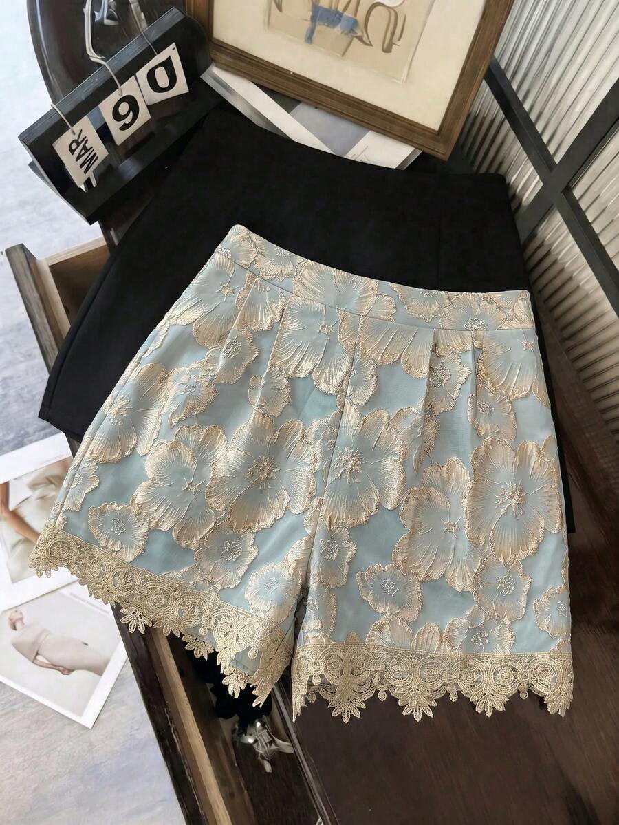 Elenzga Quần short nữ bằng vải jacquard, viền ren, thanh lịch, lãng mạn, tinh tế. - Nhiều màu - Xem 1
