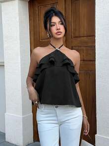 Siren Gaze Sexy Ruffled Backless Halter Neck Top For Summer,Summer Top - Black - View 3