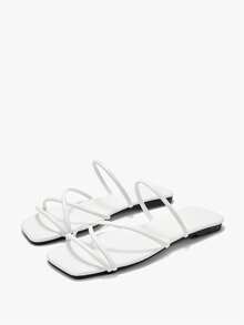 Alvarani Giày sandal đế bằng mũi vuông quai chéo cho nữ, thiết kế tối giản cho trang phục đi biển mùa hè - trắng - Xem 7