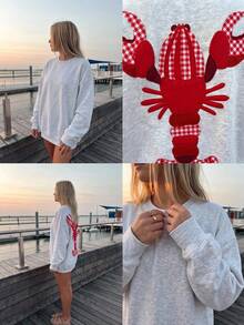 SHEIN EZwear 休闲简约度假风仿刺绣超大龙虾印花宽松圆领长袖卫衣，女士夏季上衣，适合独立日、日常通勤、约会、聚会、秋冬夏三季、圣诞节、新年、感恩节、派对、婚礼、海滩、毕业典礼、时尚、优雅、休闲、外出、约会、预订、通勤、闪亮、情人节、优雅、度假、休闲、Y2K、外出、毕业典礼等场合。 - 淺灰色 - 查看 6