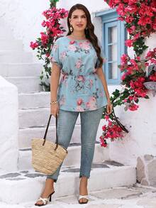 EMERY ROSE Plus Size Round Neck Batwing Sleeve Casual Elegant Royal Blue Blouse, Summer Boho Holiday Party Vacation For Women - Blue - View 5