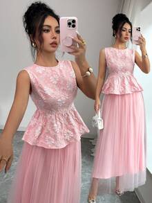 SHEIN Elenzya Bộ đồ 2 món dành cho nữ, màu hồng jacquard, không tay, cổ tròn, eo có dây rút, viền bèo nhún + quần ống rộng cạp cao bằng vải lưới dáng chữ A, thiết kế thanh lịch, sang trọng, phù hợp cho công sở. - Hồng - Xem 7