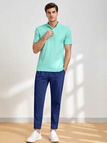 HIMLAND Pantalones casuales de hombre de unicolor con cordón en la cintura, ajuste delgado, adecuados para el uso diario - Azul - Ver 3