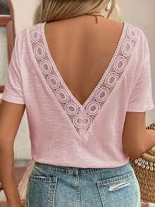 Frenchy Top amarillo con encaje y espalda descubierta, camiseta, imprescindible, conjunto de verano, imprescindible de la temporada de bodas, estilo francés - Rosa Pálido - Ver 5