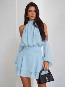 Aloruh Vestido Roxo-Vermelho de Manga Longa Ombro de Fora, Vestido Elegante Casual de Colarinho Pequeno, Primavera - Azul bebê - Visão 4