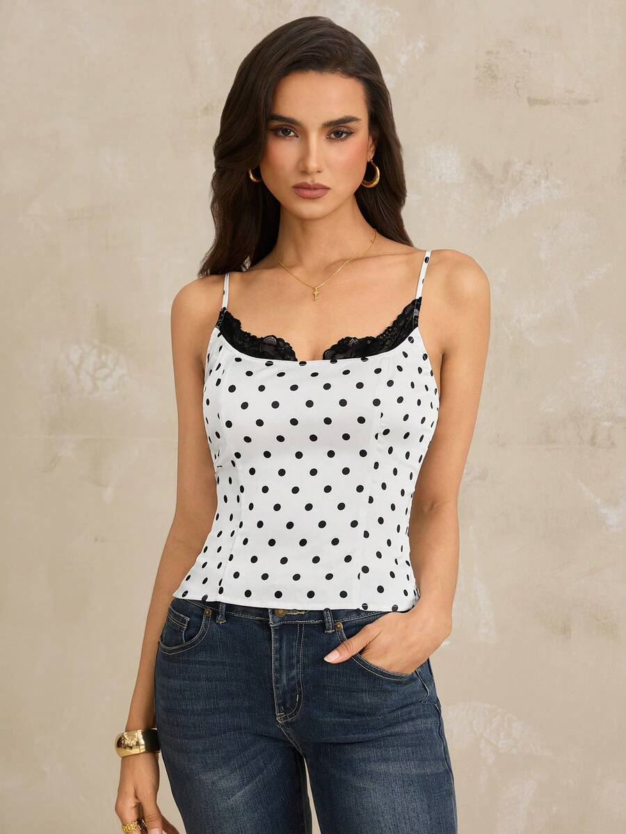SHEIN Tall Áo hai dây ôm sát cơ thể gợi cảm màu đen viền ren cổ bẻ họa tiết chấm bi đen trắng dành cho nữ - trắng - Xem 1