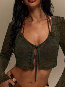TypaGal Women's Summer Bikini Cover-Up Beach Night Out Vacation Club Knitted Long-Sleeved Cardigan Tie-Up Y2k Sexy Casual Olive Green - Green - View 6