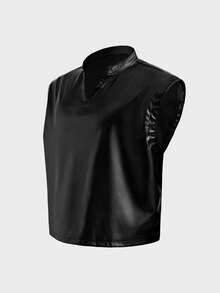 AXEPEAK Áo vest nam cổ chữ V bằng da PU màu trơn, kiểu dáng thường ngày. - màu đen - Xem 6