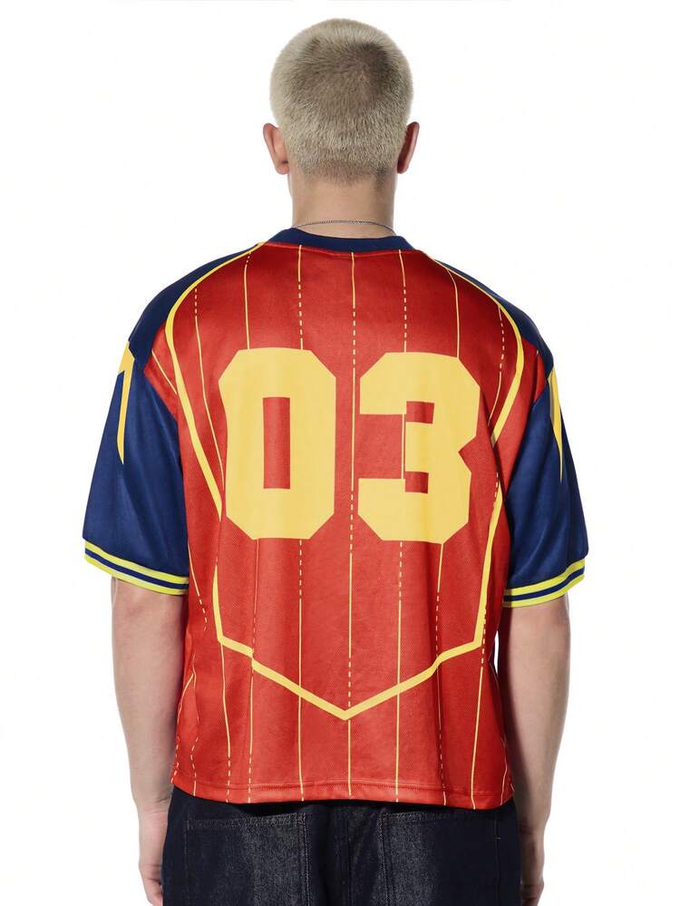 Short Sleeve Football Jersey T-Shirt Varsity Numeric Print Color Block Design Crew Neck Casual Top