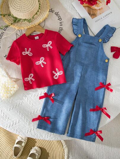 SHEIN Vintaside Kids 2件套女童休闲可爱纯色短袖上衣和花卉刺绣背带裤套装，适合春夏日常穿着