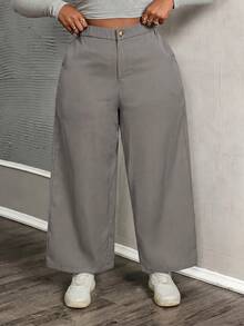 SHEIN PETITE CURVE 大码女士纯色简约日常休闲裤 - 深灰色 - 查看 4