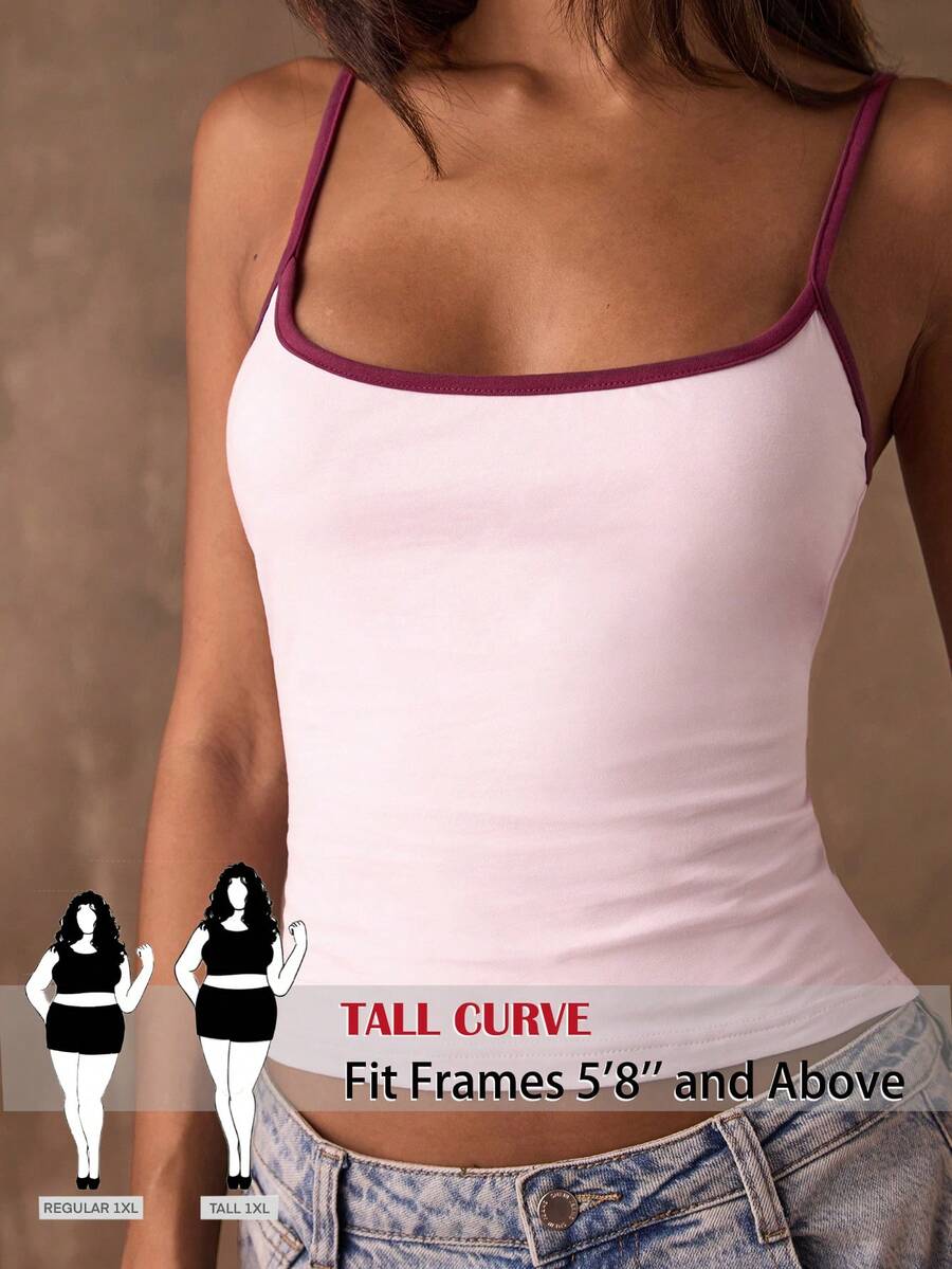 SHEIN Tall CURVE 大码夏季简约百搭撞色滚边修身吊带背心 - 淺粉色 - 查看 1