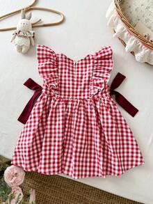 SHEIN LMoss Kids 女婴红色格子拉链圆领荷叶边下摆休闲撞色蝴蝶结百搭连衣裙 - 紅色 - 查看 3