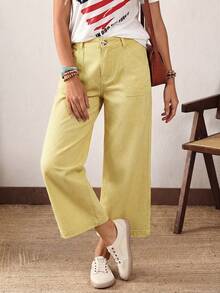 EMERY ROSE Plus Size Casual Versatile Solid Color Wide Leg Jeans Holiday Vacation Light Yellow Summer - Yellow - View 6
