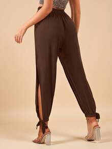 Travachic Split Thigh Knot Hem Solid Pants Spring Summer Clothing - Brown - View 2