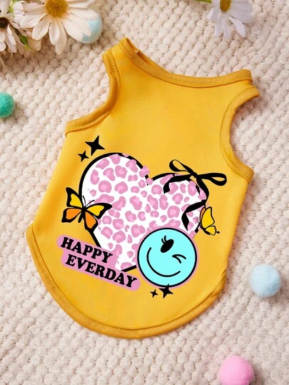 PETSIN 1 Piece Of Pink Leopard Print Love Bow Letter Happy Daily Printed Vest Yellow Gentle Breathable Anti Hair Pet Clothing