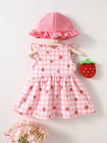 SHEIN Đầm bé gái sơ sinh mùa hè màu mơ, cổ tròn, xếp ly, in hình quả anh đào hoạt hình, không tay, nơ đỏ, kèm mũ đỏ, thanh lịch và dễ thương. - Hồng - Xem 4