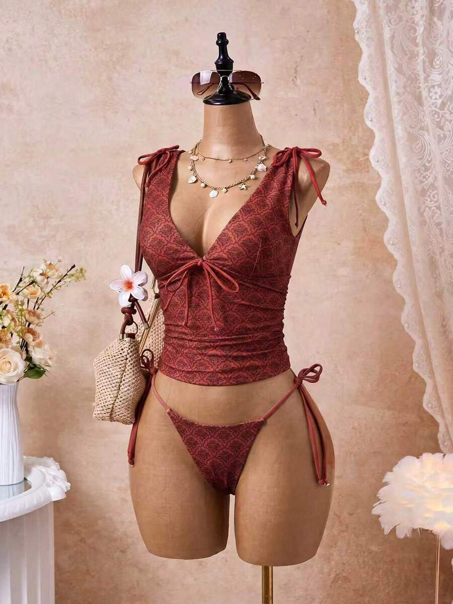 Bellisia Women's Spring/Summer New Retro Print Deep V-Neck Drawstring Ruched Backless Camisole & Tie-Up Triangle Bikini 2-Piece Set - Red - View 1