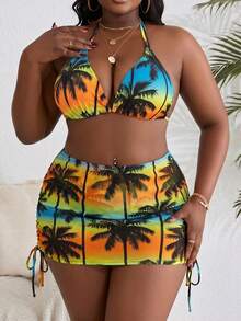 Slaydiva Conjunto de traje de baño de 3 piezas con estampado aleatorio y escote halter, talla grande, 4 piezas - Multicolor - Ver 3